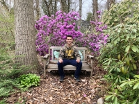 CJ Ahern on the garden bench on April 29, 2018
