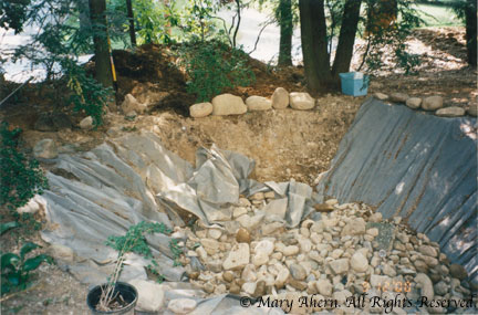 The garden rocks begin to accumulate in the dry stream bed from months of gardening
