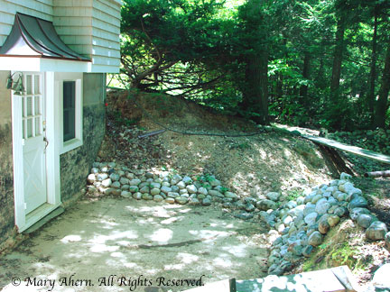 Running out of rock. To the right is the temporary bridge over the dry stream bed
