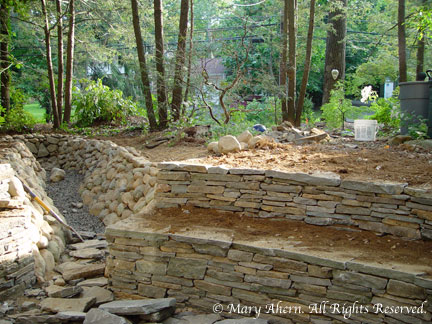 The terraced stone walls opened into the dry stream bed I designed 8 years ago