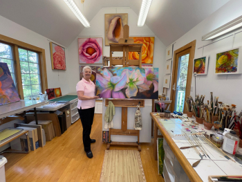 Standing in my painting studio with "Cosmic Daylily Trio"