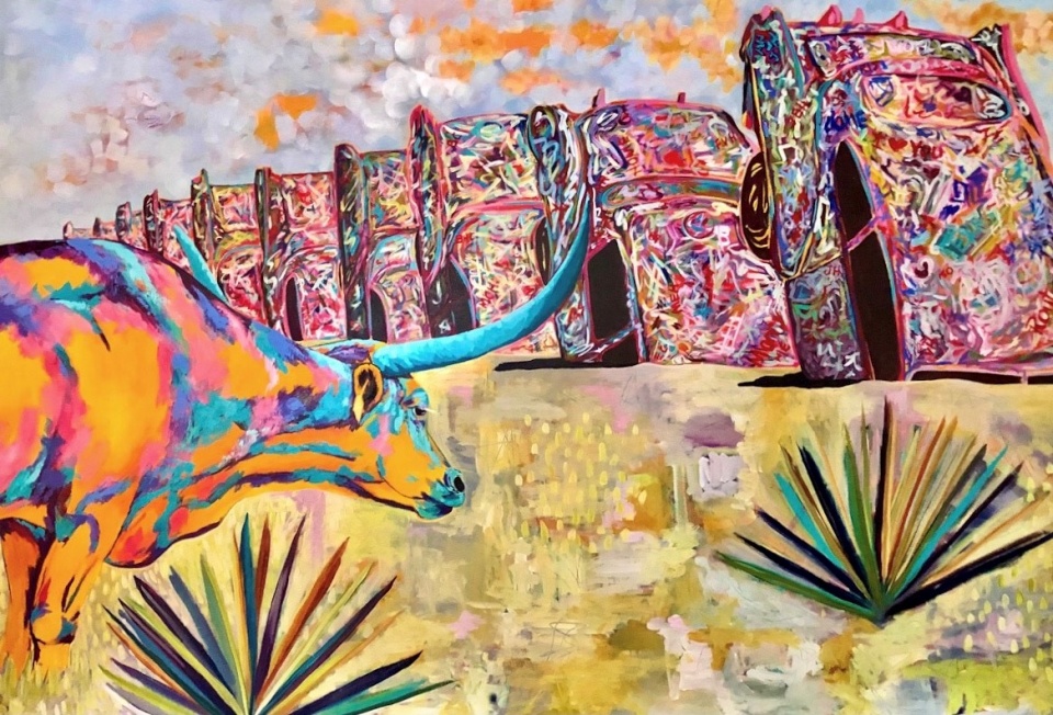 Cadillac Ranch with Longhorn by Amy Hutto