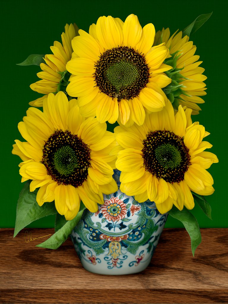 Artwork of sunflowers in a vase